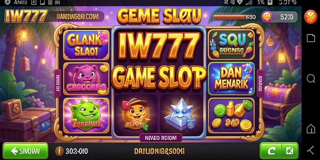 Tampilan gameplay IW777 dengan gulungan penuh warna dan fitur menarik.