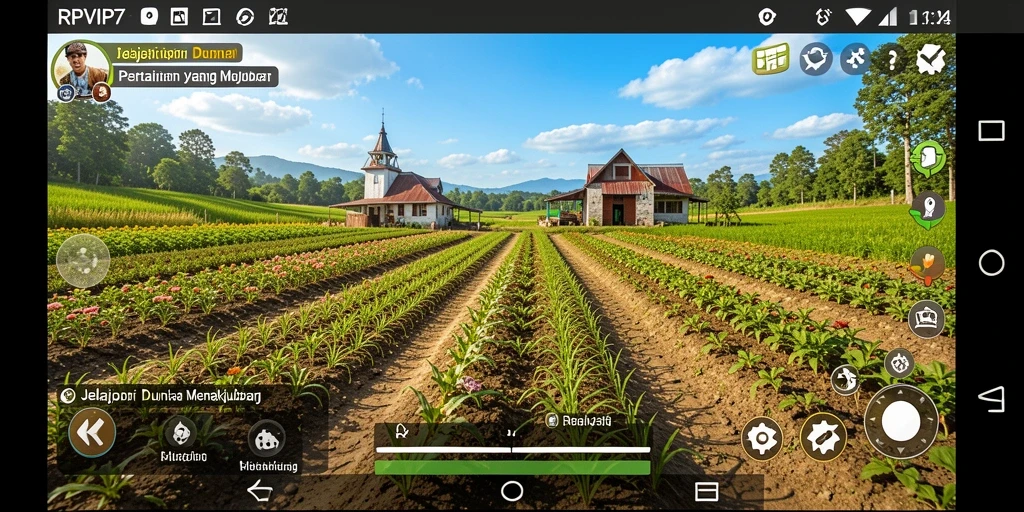 Screenshot gameplay RPVIP7 menampilkan ladang pertanian yang indah dan beragam tanaman.