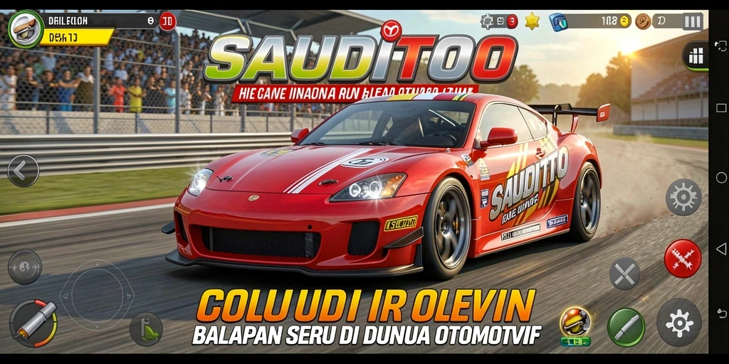 Gameplay seru SAUDITOTO dengan mobil balap yang menampilkan kecepatan tinggi.