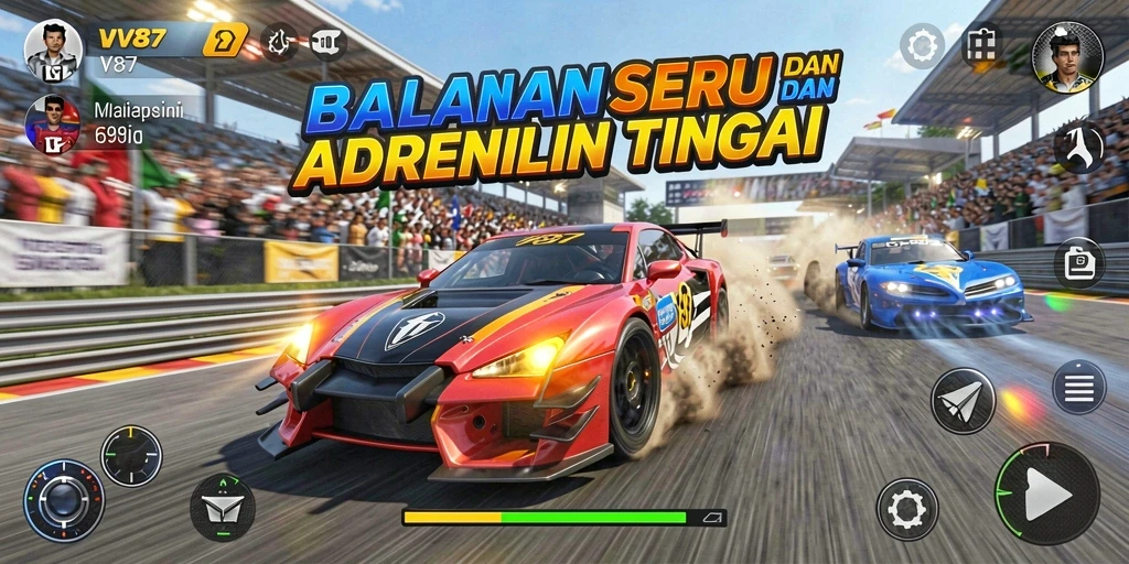 Tampilan gameplay V87 dengan balapan mendebarkan dan mobil yang beragam.